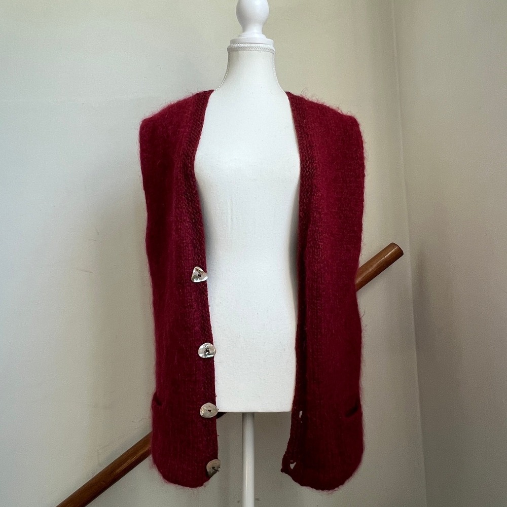 Vintage Burgundy Wool Cardigan Sweater Vest Luxury Knit Shell Buttons Modernist - Picture 2 of 10